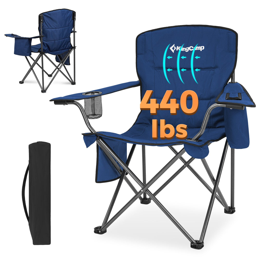 Padded camp chair rated to 440 lb, shown with carry bag