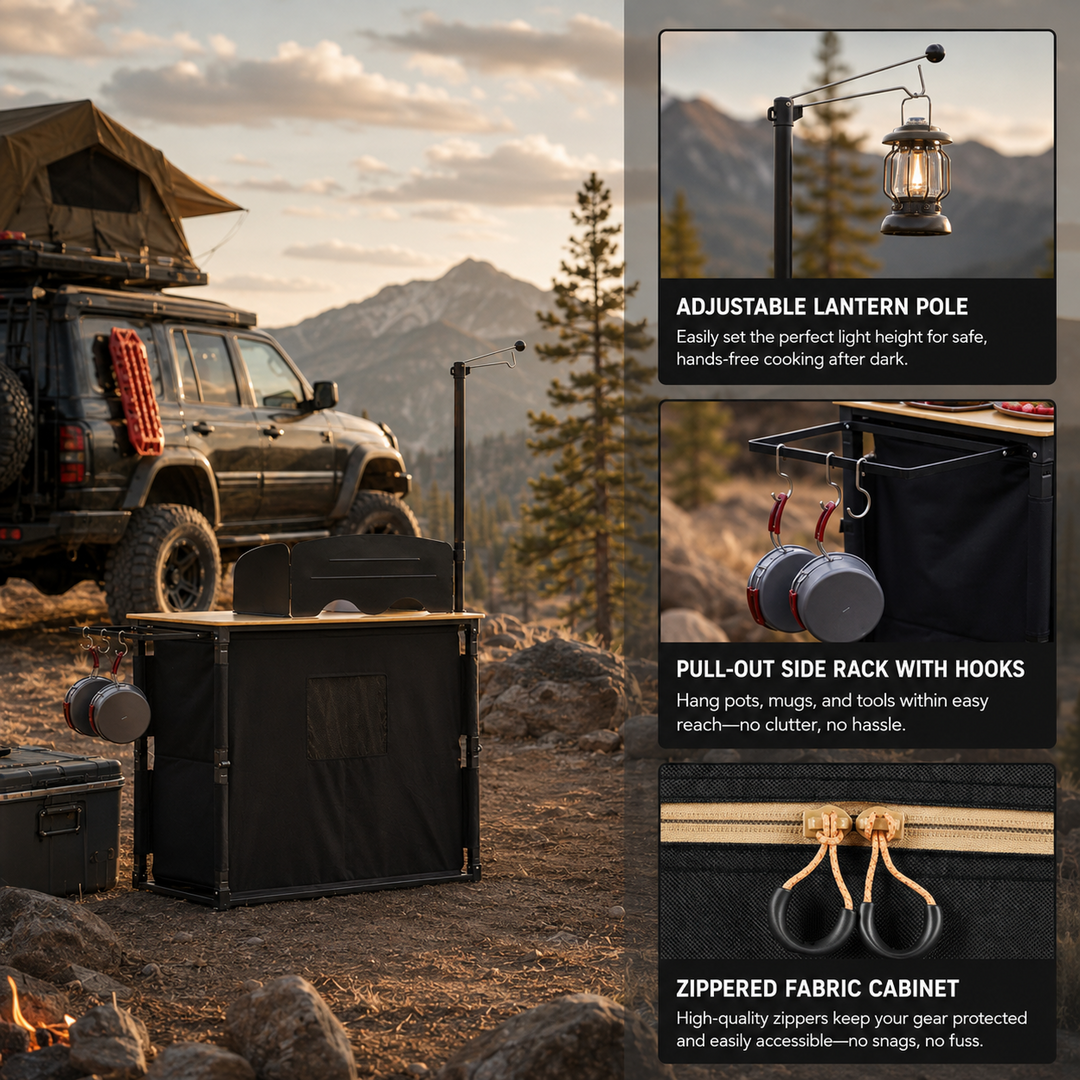 KingCamp Portable Camp Kitchen Table — Bamboo Top Grill Station with Windshield