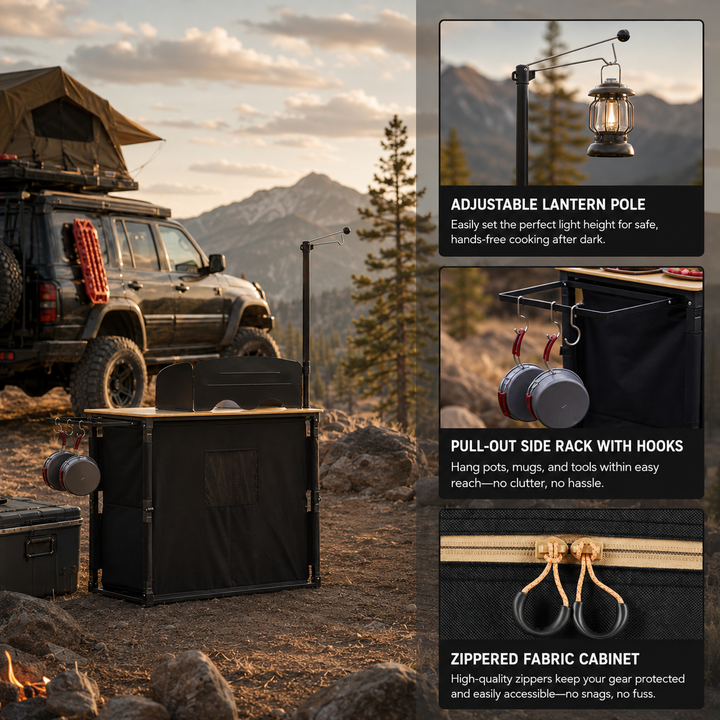 KingCamp Portable Camp Kitchen Table — Bamboo Top Grill Station with Windshield