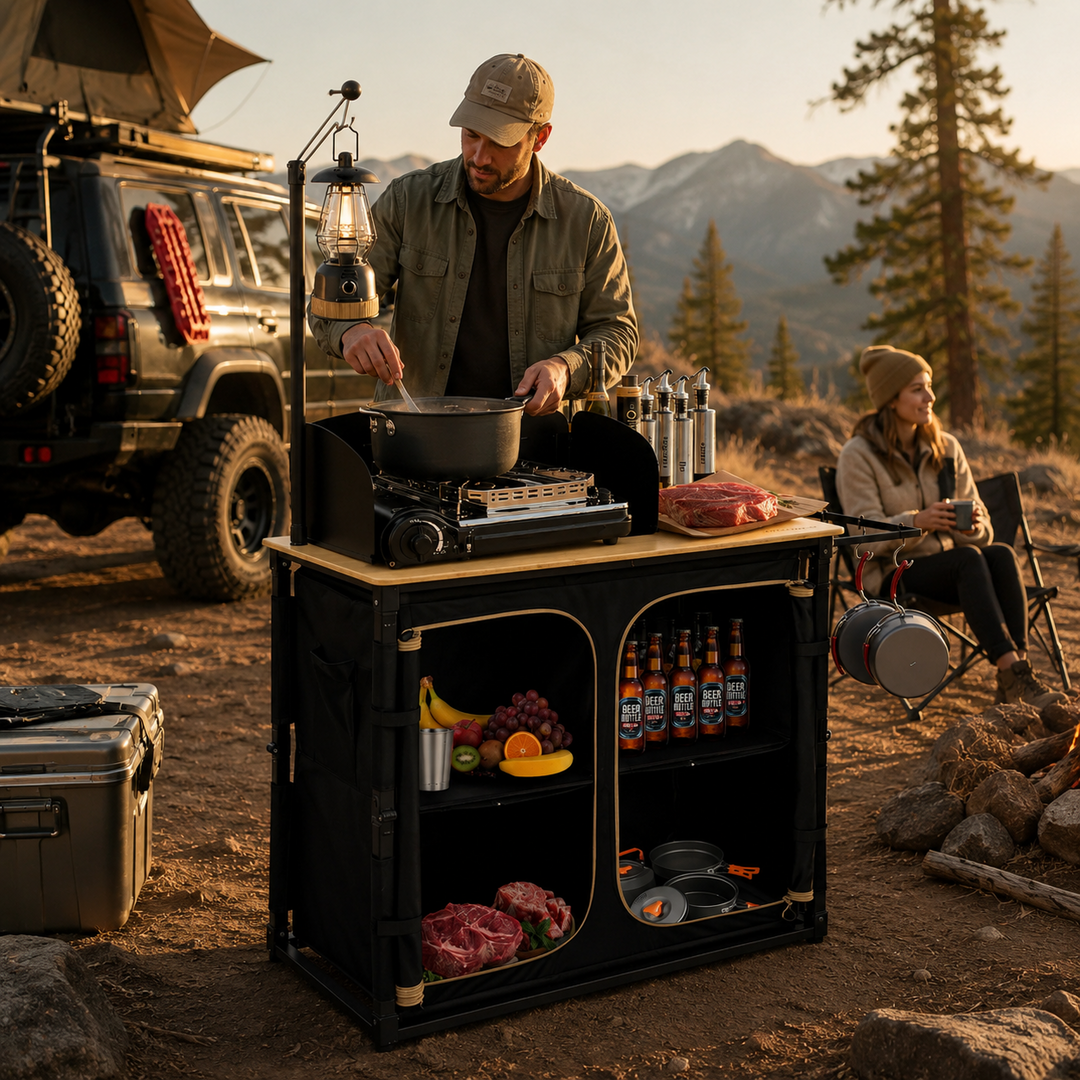KingCamp Portable Camp Kitchen Table — Bamboo Top Grill Station with Windshield