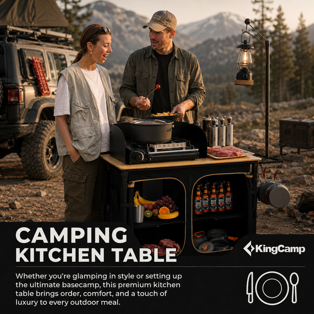 KingCamp Portable Camp Kitchen Table — Bamboo Top Grill Station with Windshield