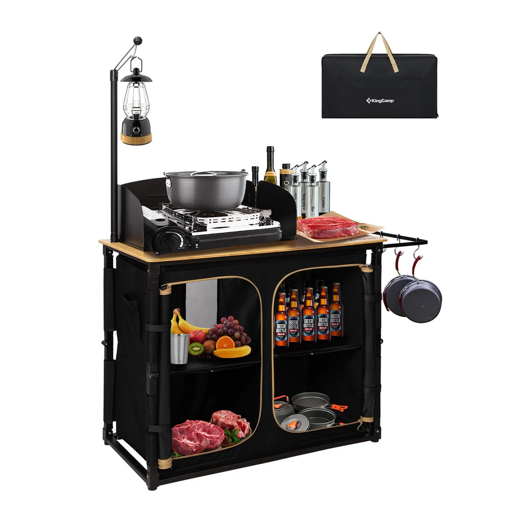 KingCamp Portable Camp Kitchen Table — Bamboo Top Grill Station with Windshield