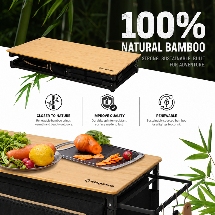 KingCamp Portable Camp Kitchen Table — Bamboo Top Grill Station with Windshield