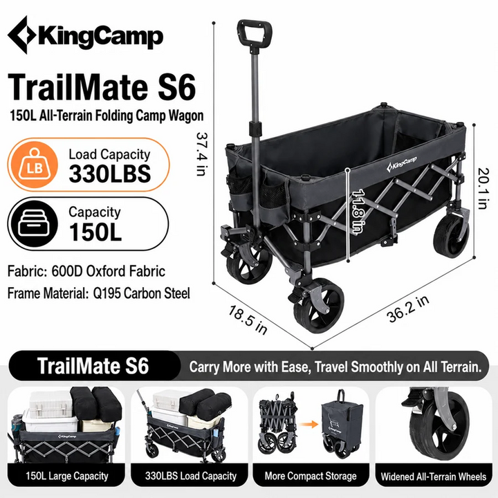 KingCamp TrailMate S6 Compact Folding Wagon — 150L, 330 lb Capacity