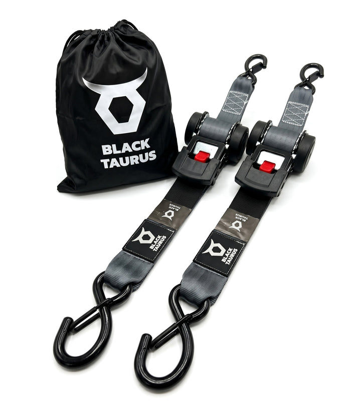 Black Taurus Retract 1650 2 in retractable ratchet straps, 2-pack with Black Taurus storage bag