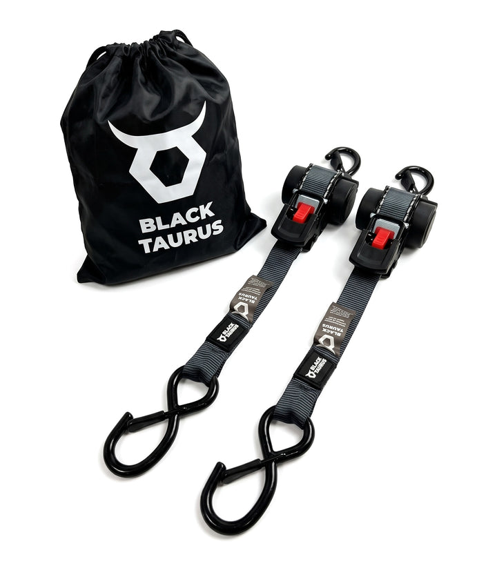 Black Taurus Retract 750 1 in retractable ratchet straps, 2-pack with Black Taurus storage bag