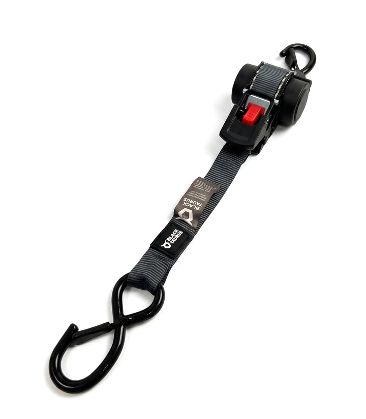Single Taurus Retract 750 1 in retractable ratchet strap with auto-retract housing, top hook and coated S-hook