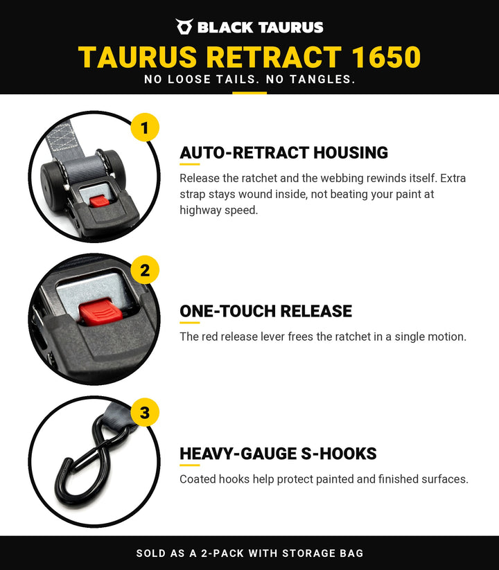 Black Taurus Retract 1650 features: auto-retract housing, one-touch red release lever, heavy-gauge coated S-hooks