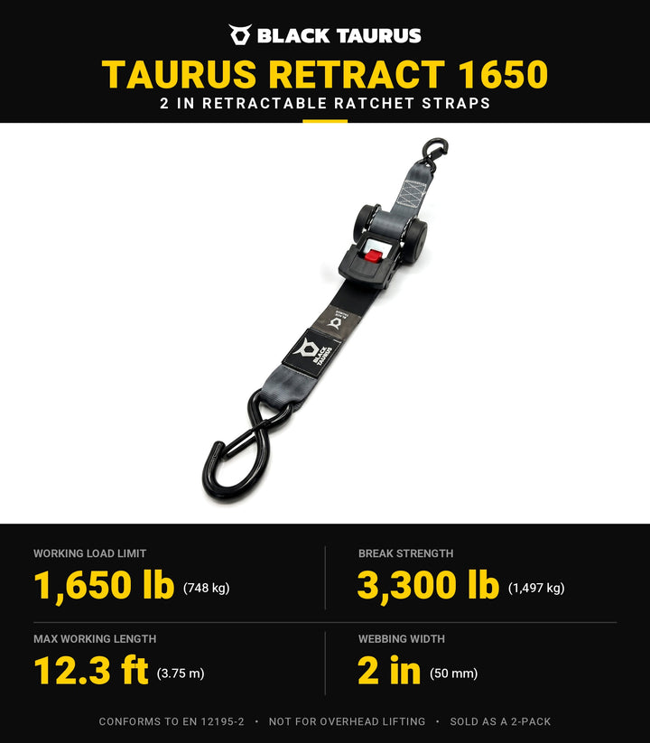 Black Taurus Retract 1650 specifications: 1,650 lb (748 kg) working load limit, 3,300 lb (1,497 kg) break strength, 12.3 ft max working length, 2 in webbing