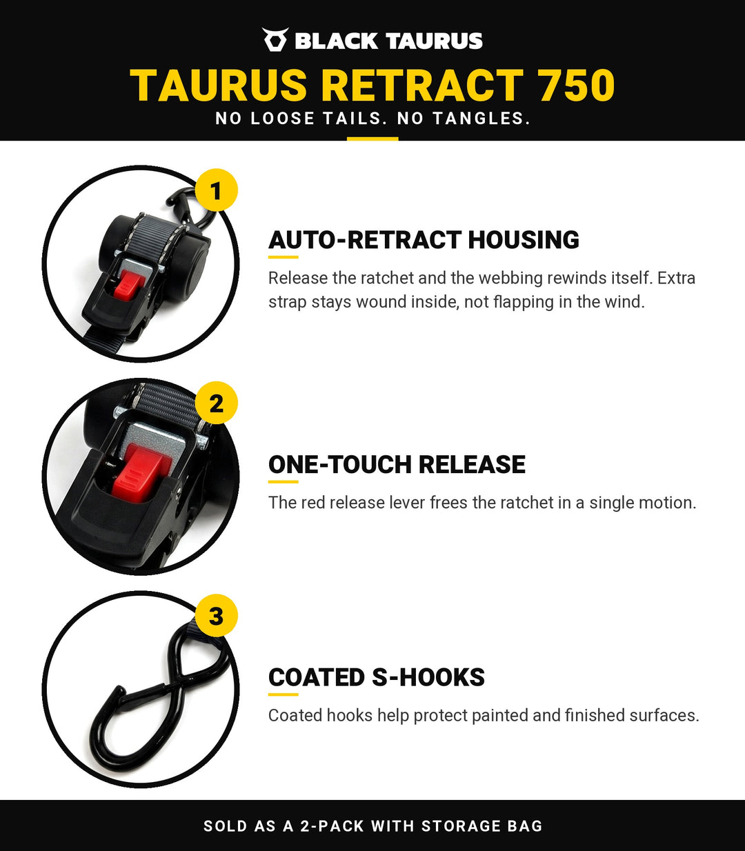 Black Taurus Retract 750 features: auto-retract housing, one-touch red release lever, coated S-hooks