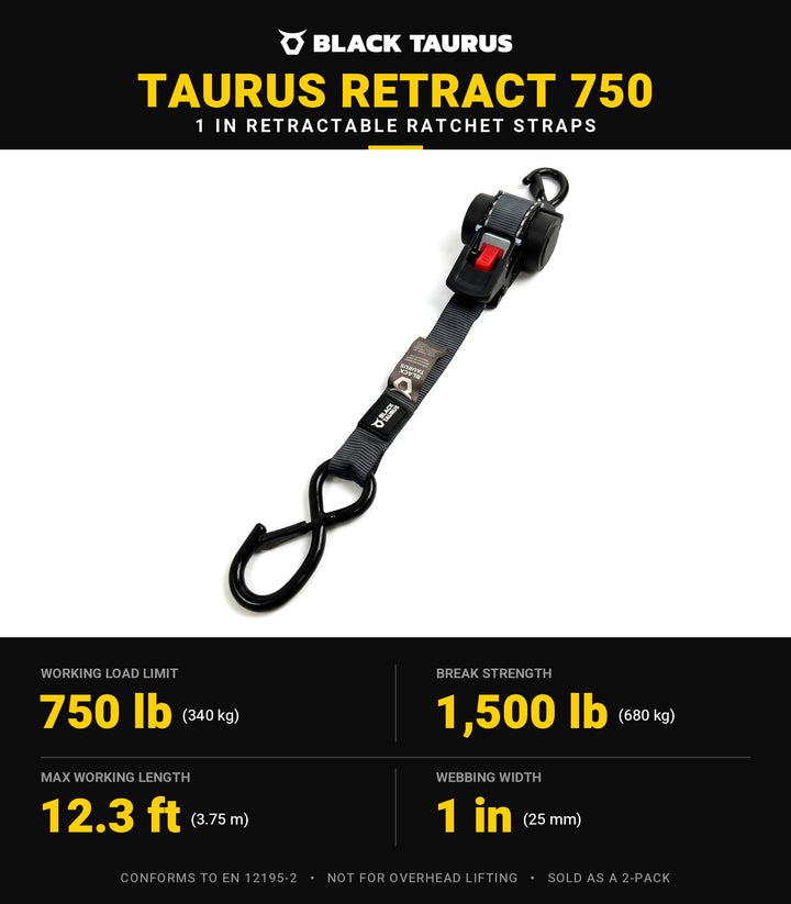 Black Taurus Retract 750 specifications: 750 lb (340 kg) working load limit, 1,500 lb (680 kg) break strength, 12.3 ft max working length, 1 in webbing